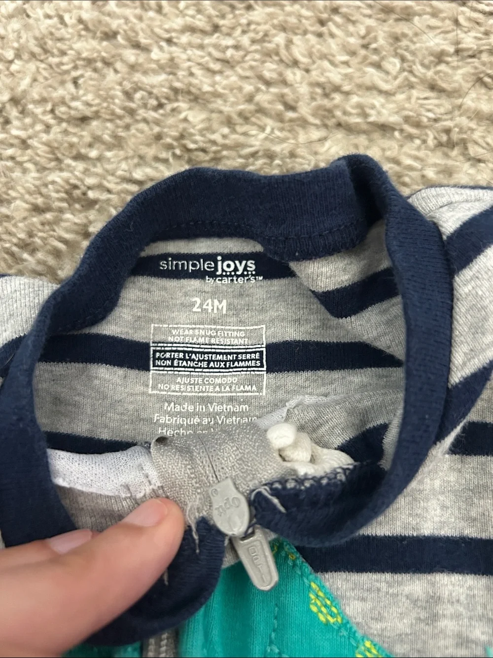 Carter's Grey & Navy Stripe One-Piece with Green Dino Print - 2-Pack
